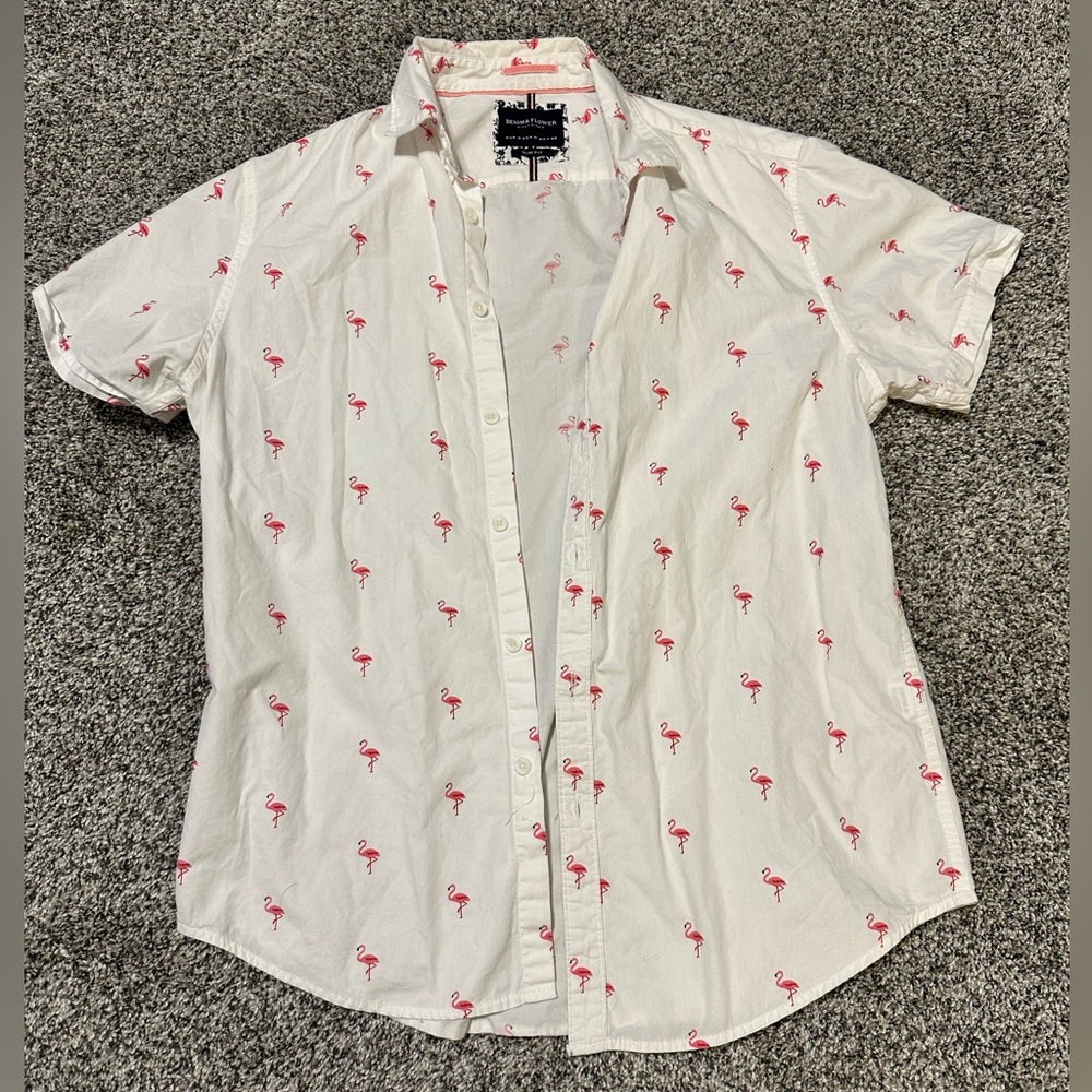 Denim Flower White TShirt with Flamingos for Going out Medium